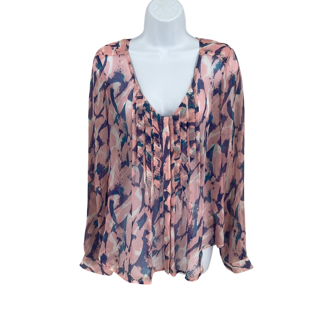 Maeve Top Sz 12 Pink 100% Silk Abstract Watercolor Ruffle Ethereal Boho Airy